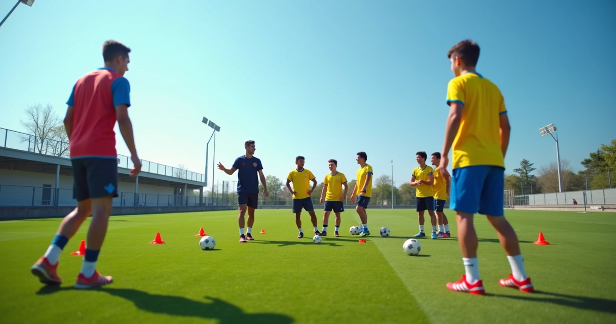 Jovens atletas treinando futebol em campo de grama 