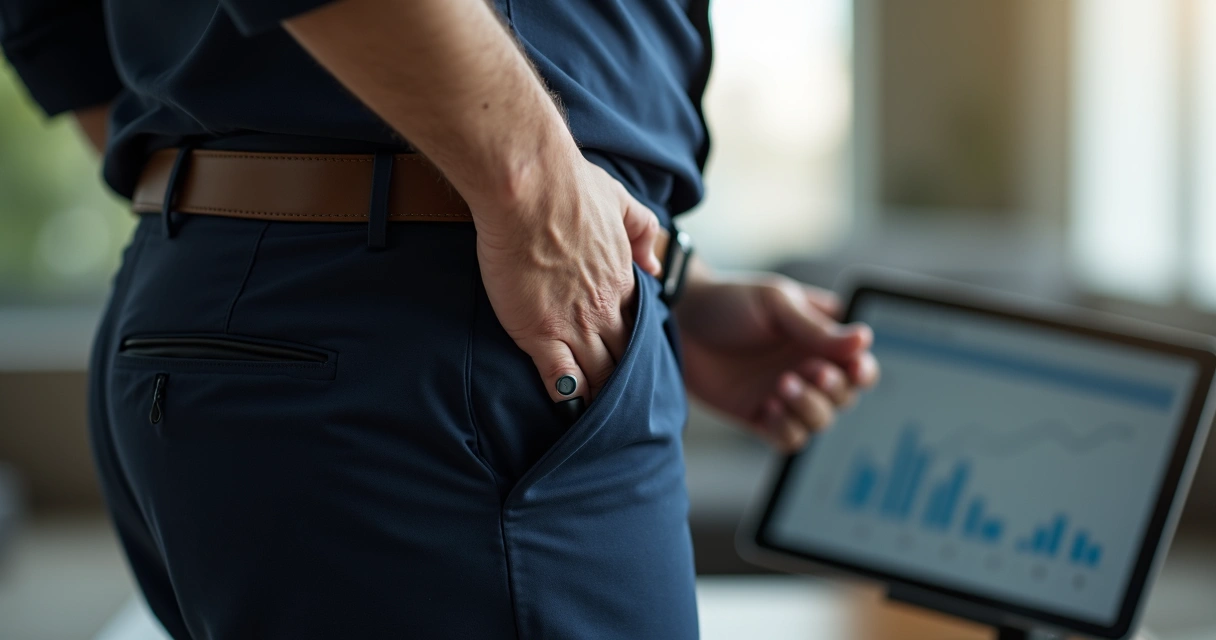 Homem ajustando sensor de biofeedback na cintura 