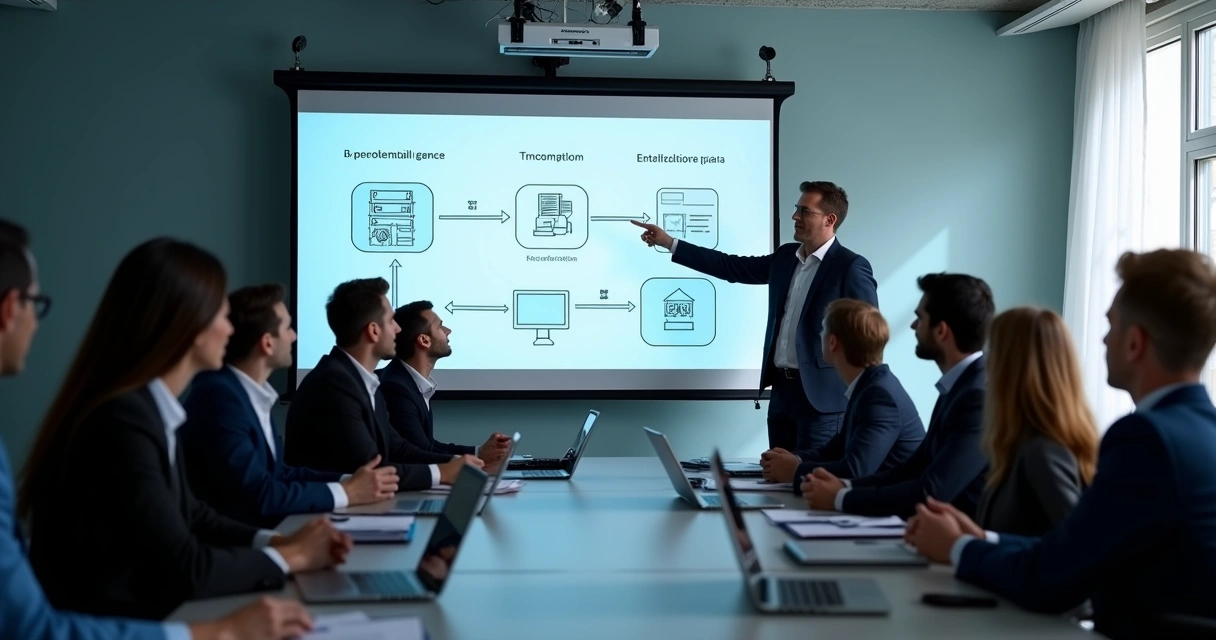 Equipe reunida em sala de treinamento, assistindo à apresentação sobre dados confidenciais 