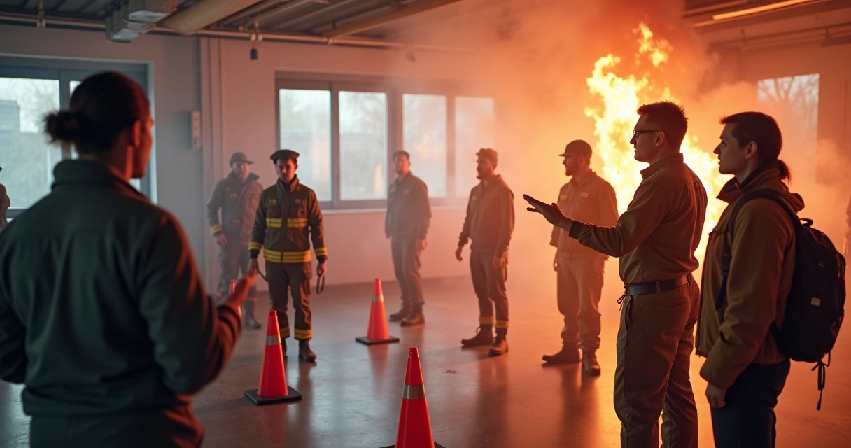 Instrutor acompanhando grupo em treinamento prático com simulação de incêndio