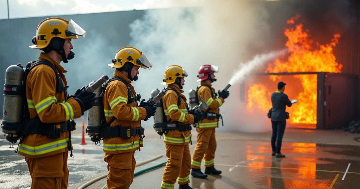 Treinamento de bombeiros civis seguindo procedimentos em simulação de incêndio. 