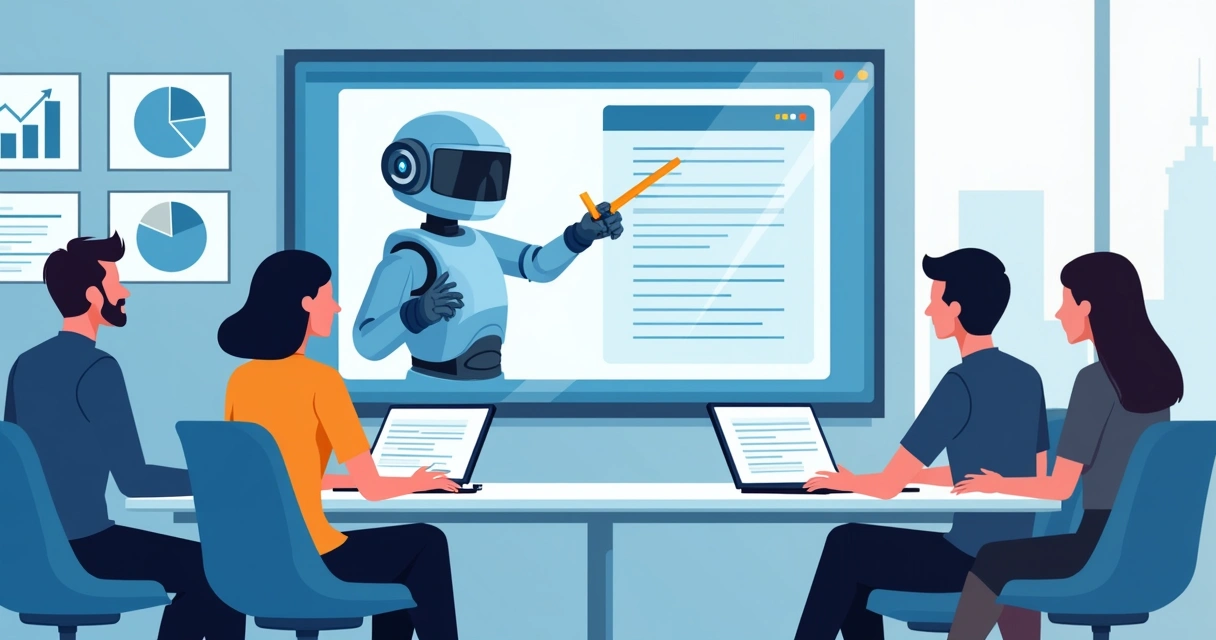 Equipe treinando bot em escritório 