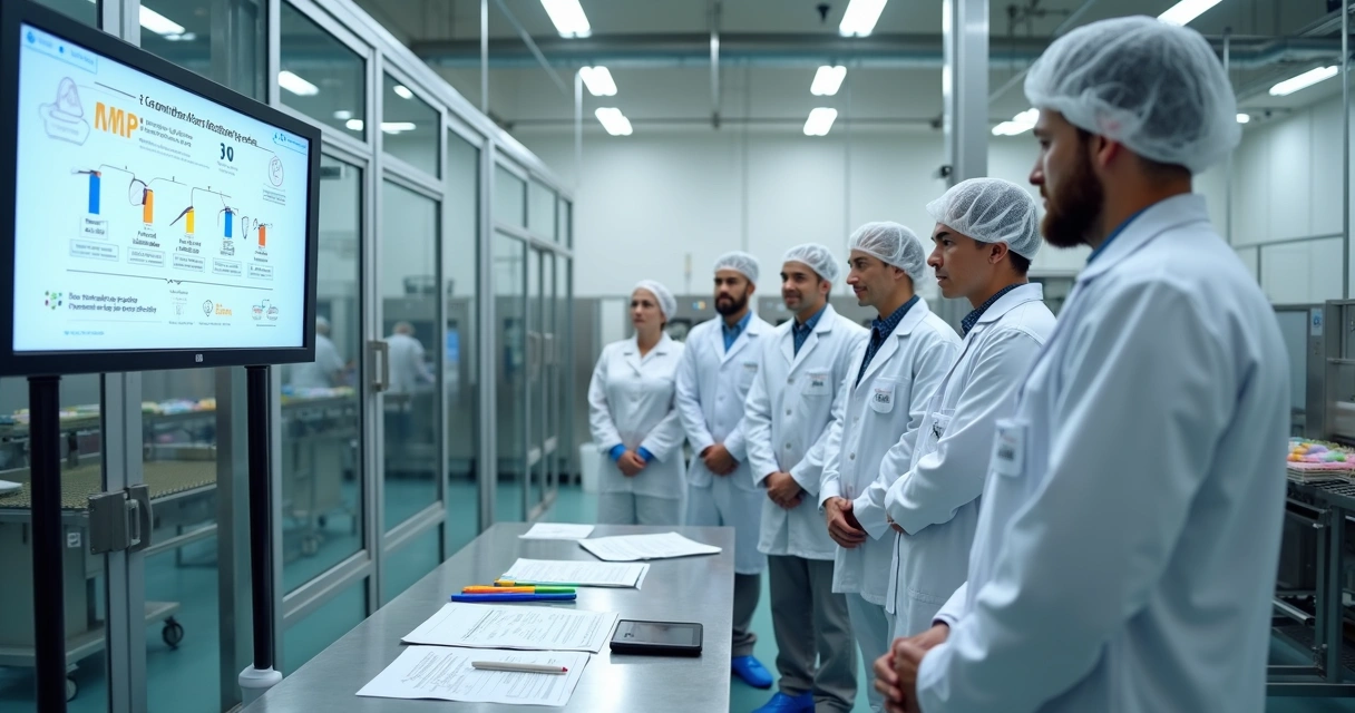 Equipe de colaboradores em indústria de alimentos participando de treinamento sobre boas práticas de fabricação 