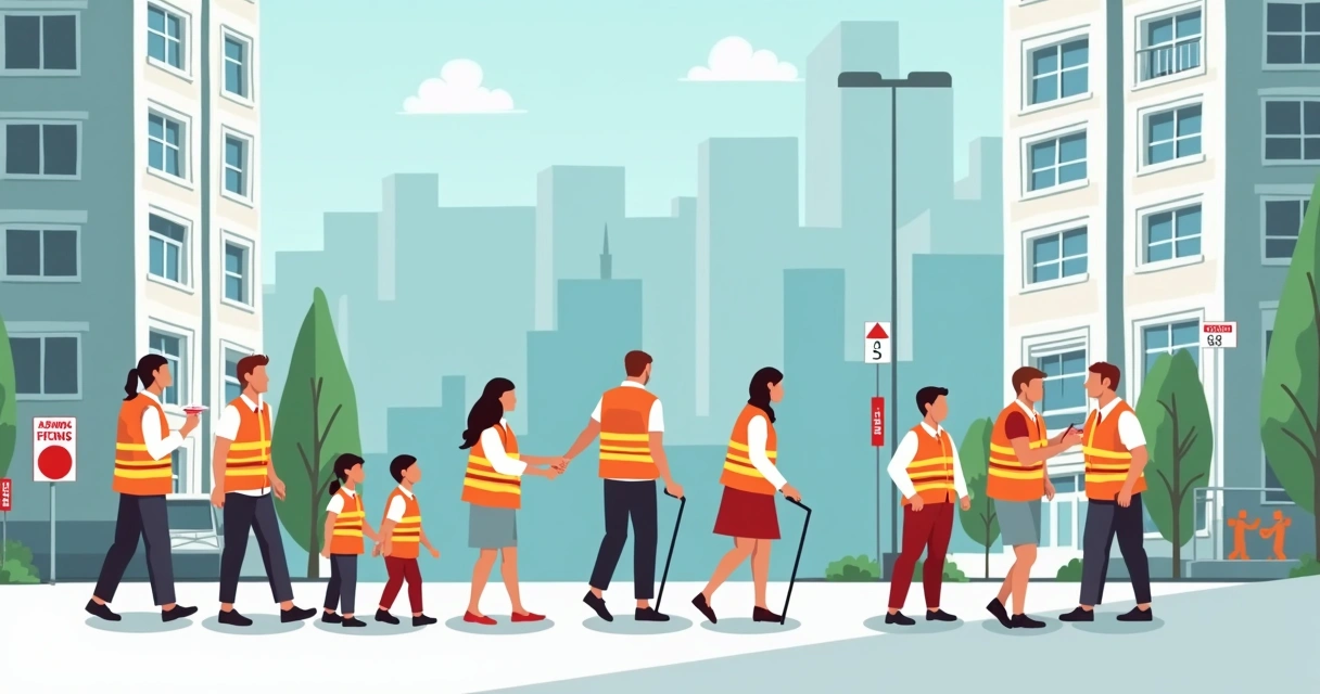 Simulação de evacuação de incêndio em condomínio, com moradores e brigadistas cooperando 