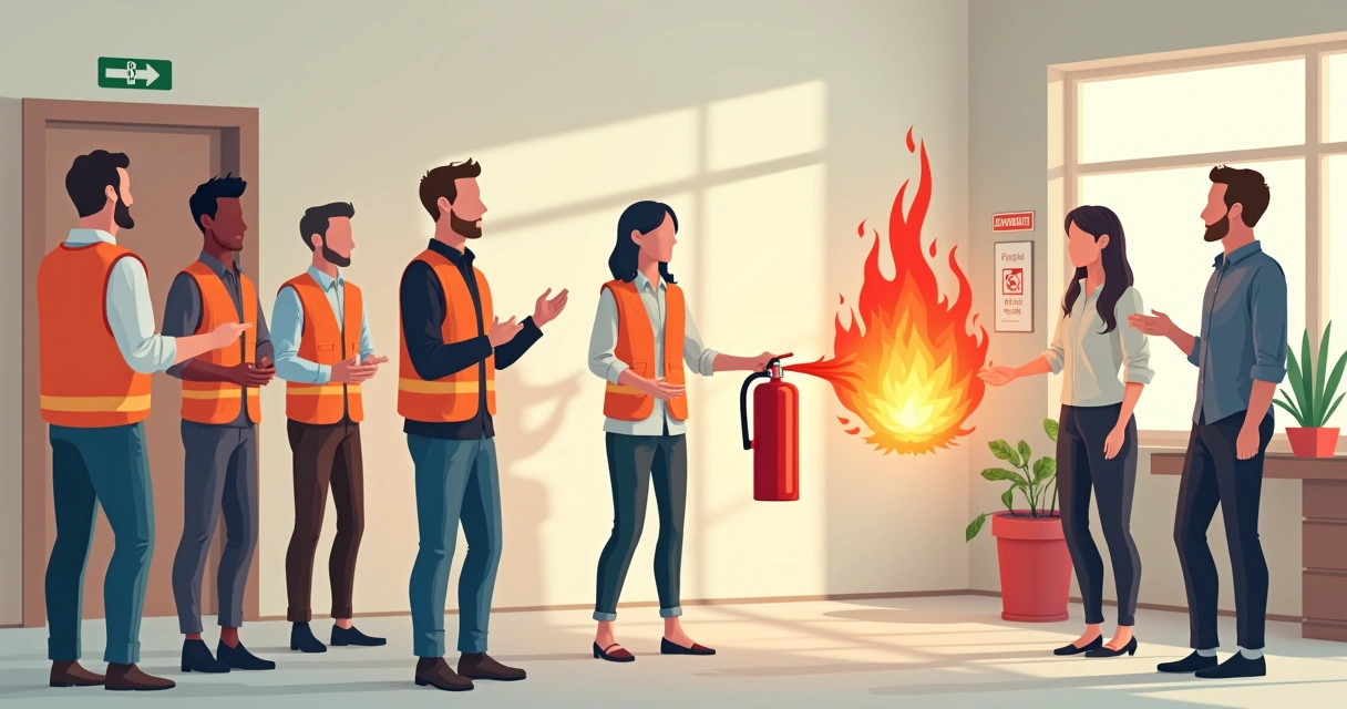 Treinamento prático de brigada de incêndio com extintor em uso 