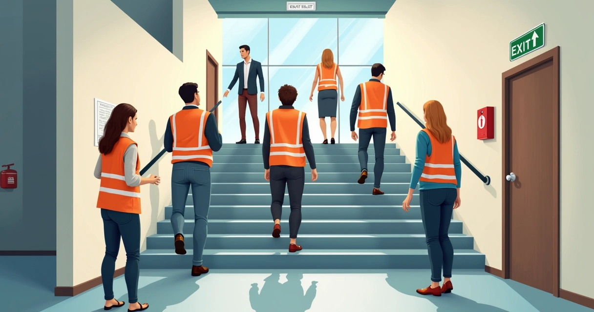 Equipe de brigada de incêndio treinando evacuação 