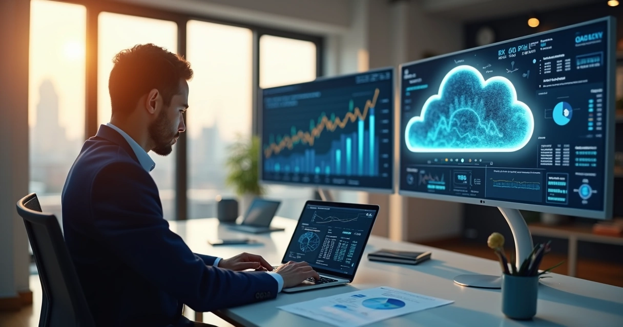 Profissional em ambiente moderno usando notebook com gráficos financeiros e ícones de nuvem e automação digital ao fundo 