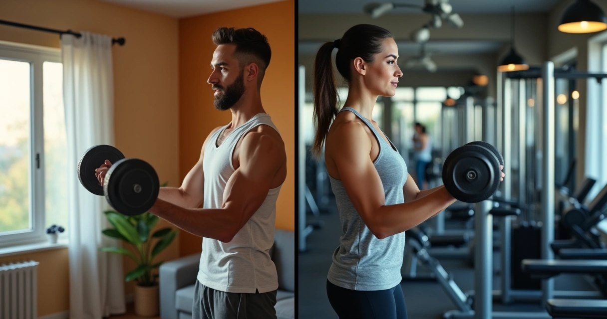 Homem treinando com halteres em casa e mulher usando equipamento profissional na academia, mostrando comparação entre ambientes de treino para ganho de massa muscular 