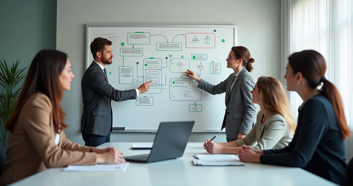 Equipe de negócios treinando chatbot IA em quadro branco 