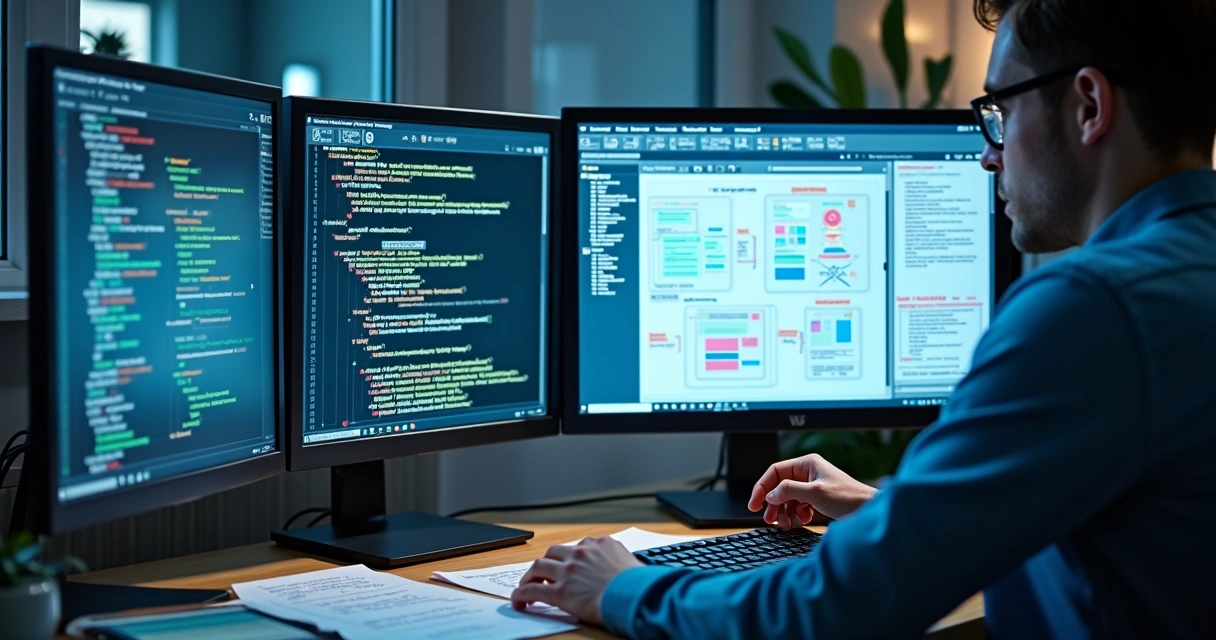 Especialista treinando chatbot em telas de computador 