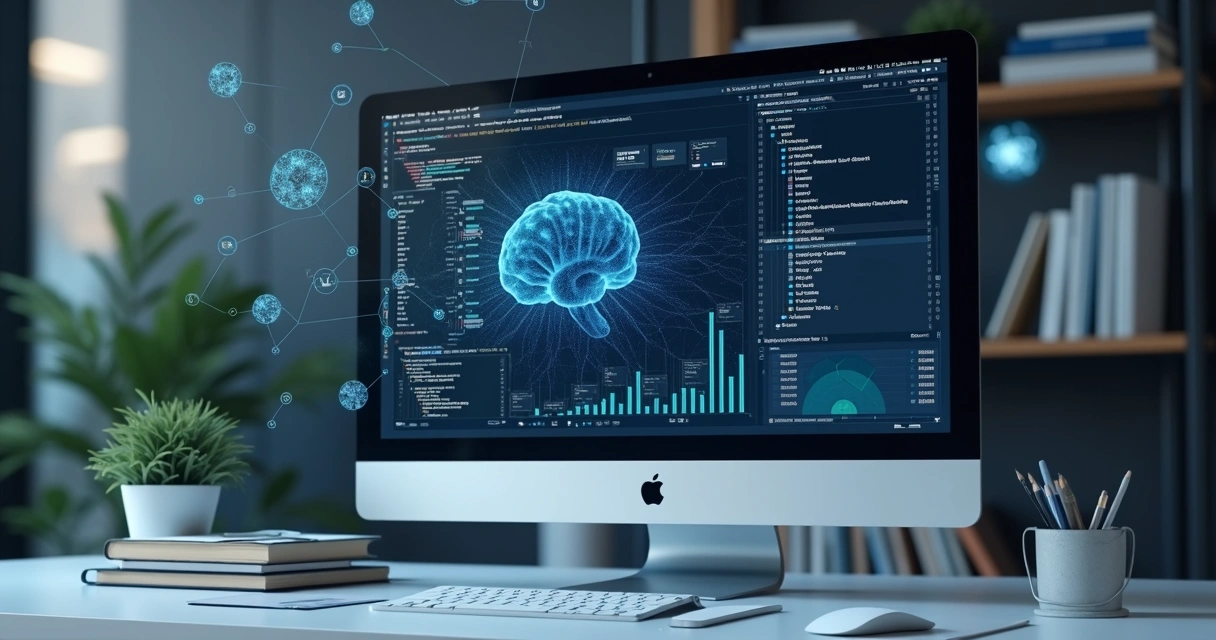 Tela de computador mostrando código e gráficos de análise de dados com elementos visuais de inteligência artificial ao fundo 