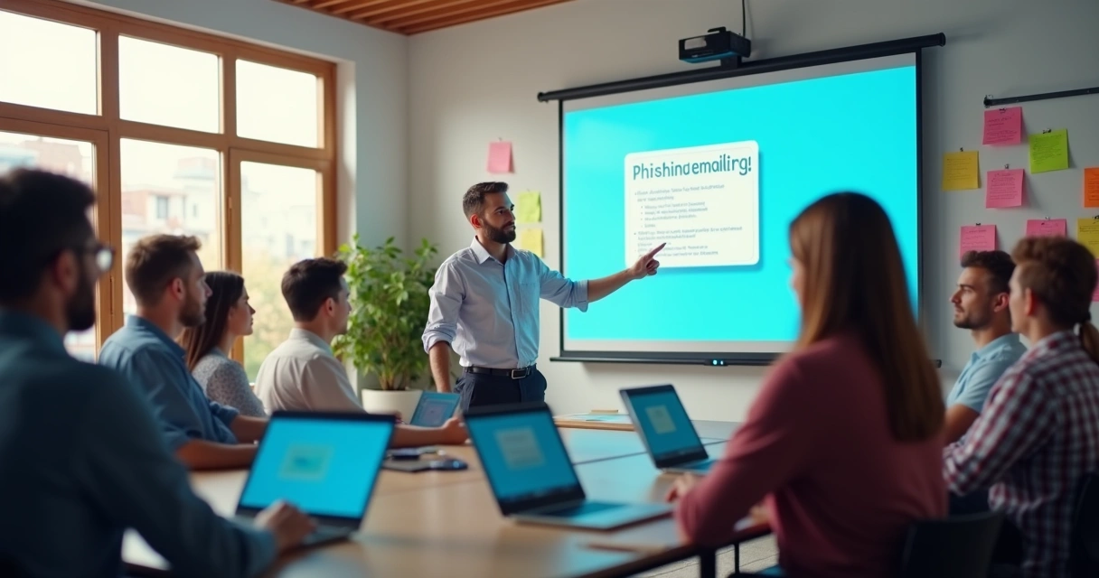 Treinamento de cibersegurança com funcionários atentos a apresentação sobre phishing 