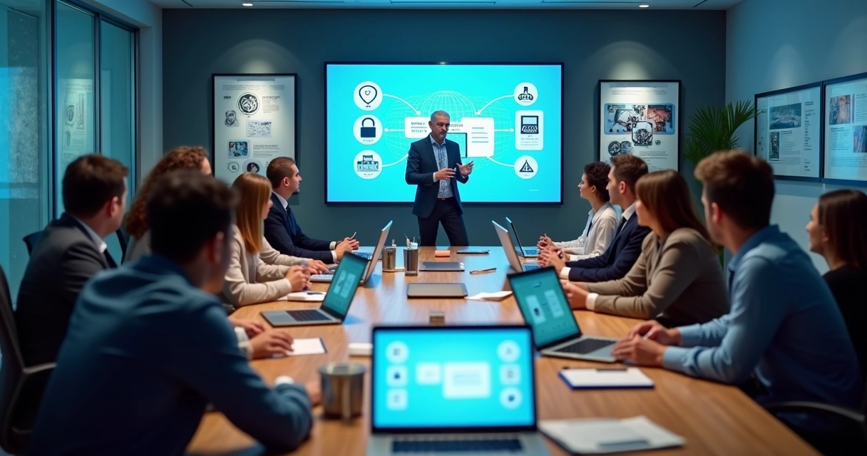 Equipe de funcionários em treinamento de cibersegurança empresarial 