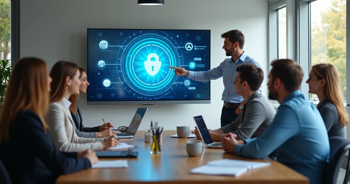 Equipe de pequenas empresa assistindo treinamento de cibersegurança 