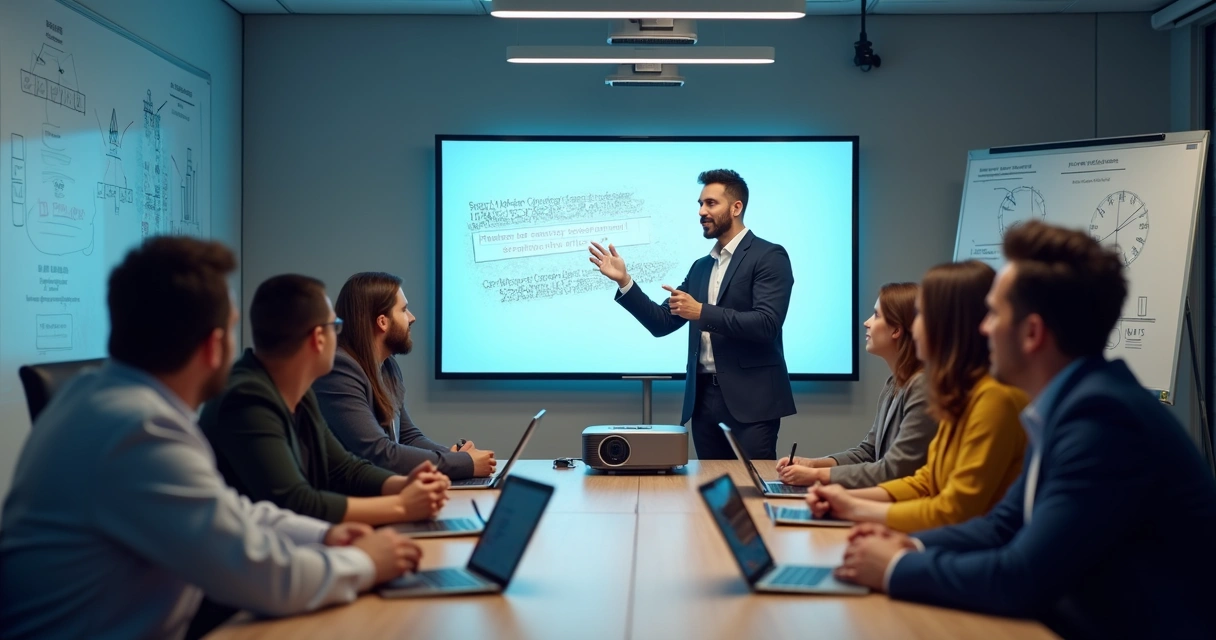 Equipe em treinamento de cibersegurança em sala moderna com projetor e telas digitais 