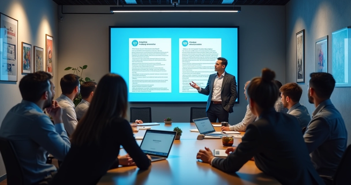 Equipe reunida assistindo a uma palestra sobre práticas de cibersegurança em escritório moderno 