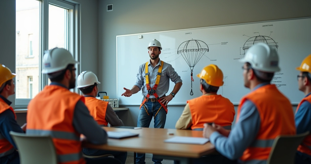 Instrutor treinando trabalhadores no uso do cinturão tipo paraquedista.