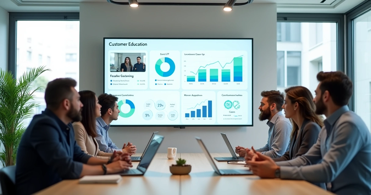 Equipe acompanhando painel de métricas de treinamento de clientes SaaS em tela grande 