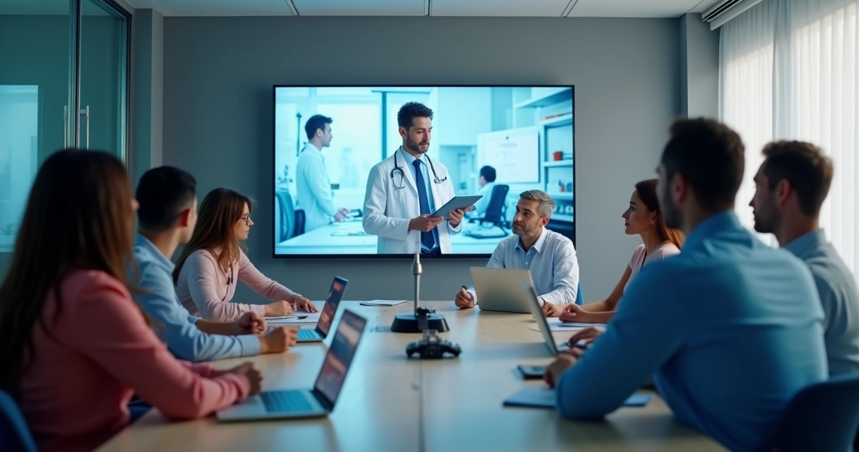 Equipe de clínica médica reunida em sala para treinamento digital sobre segurança do trabalho