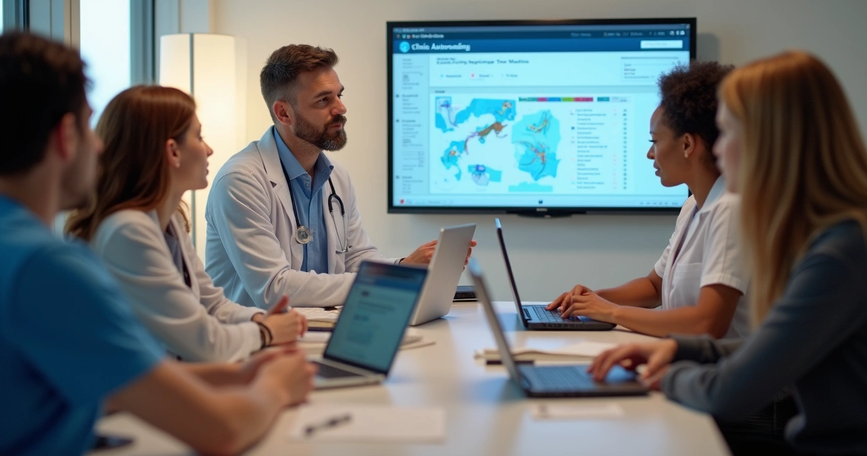 Equipe de clínica participando de treinamento de automação em sala moderna 