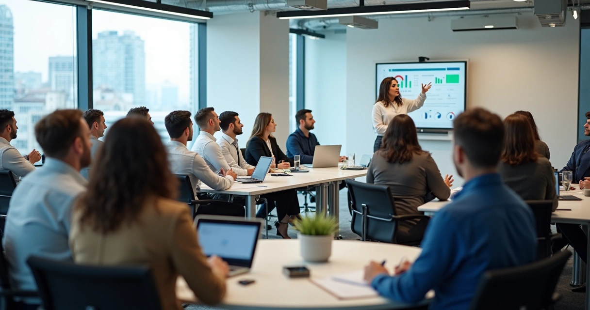 Equipe assistindo a treinamento presencial em empresa moderna