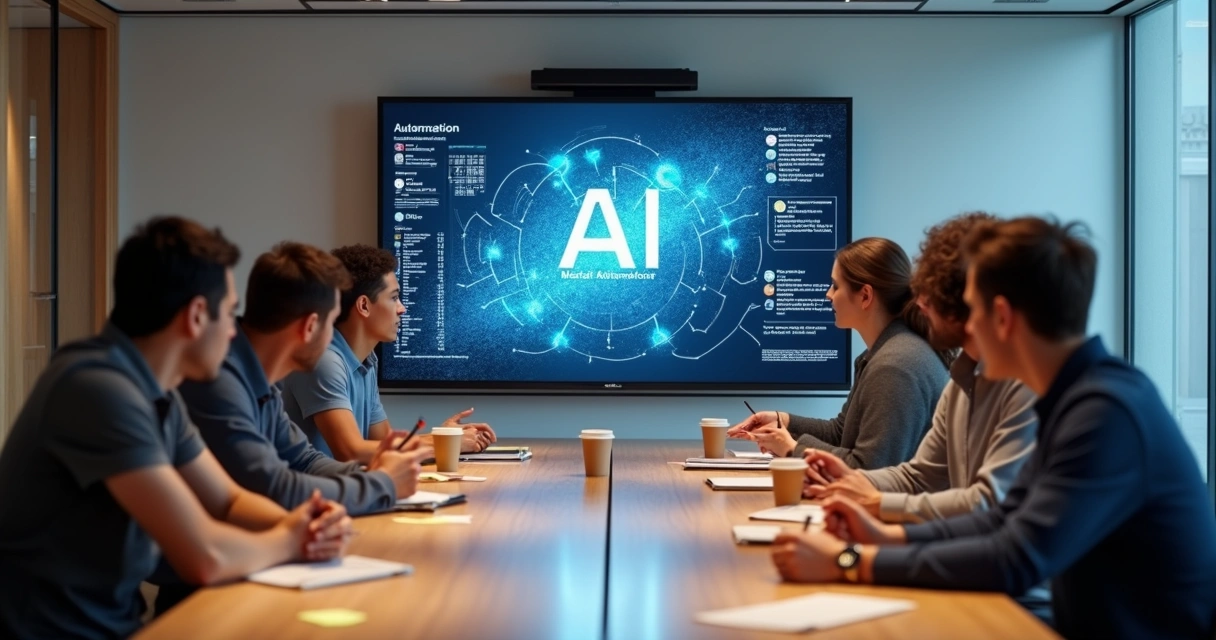 Grupo de funcionários em workshop de IA em sala moderna 