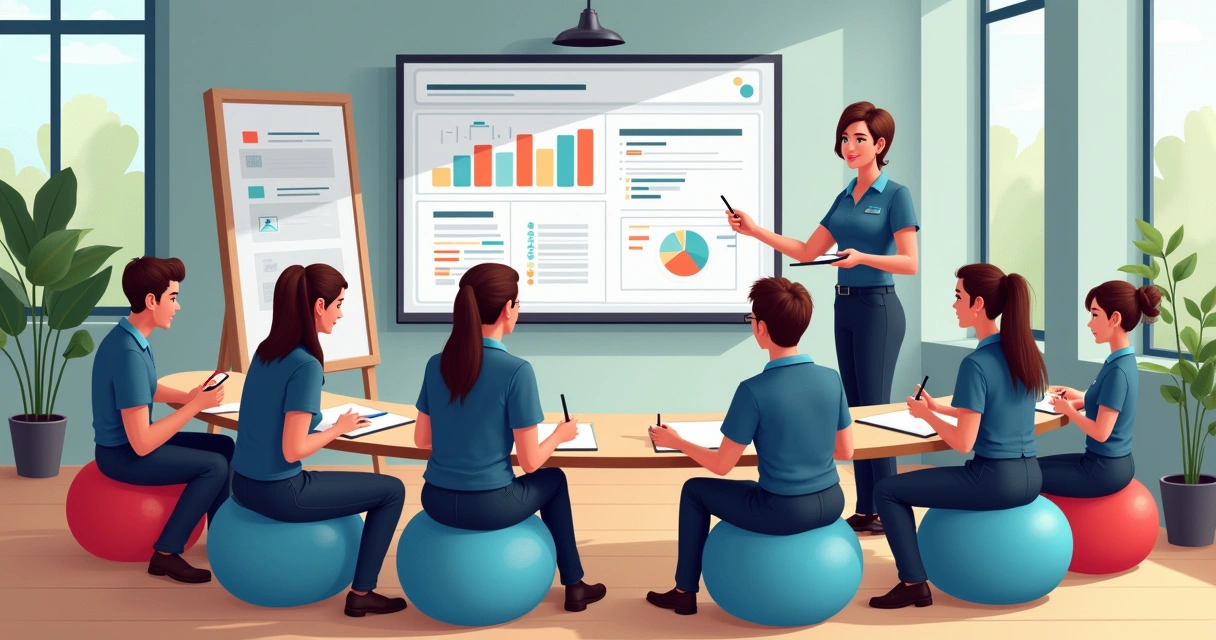 Profissionais de salão em treinamento coletivo com instrutor explicando software 