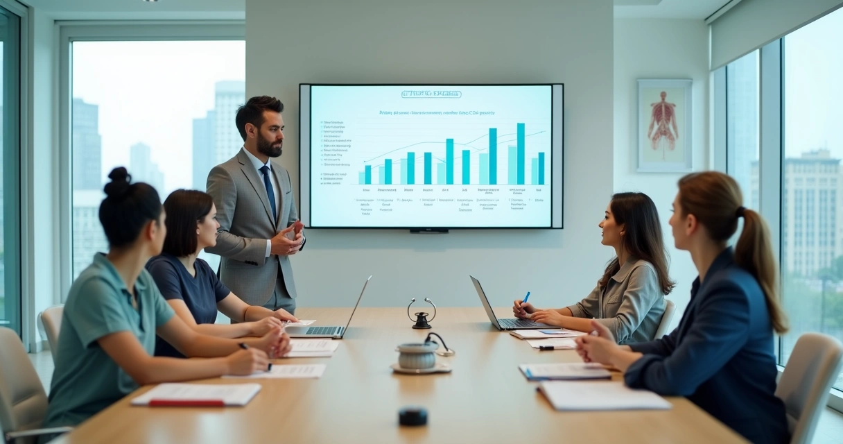 Equipe de clínica médica em sessão de treinamento comercial em sala de reunião moderna 