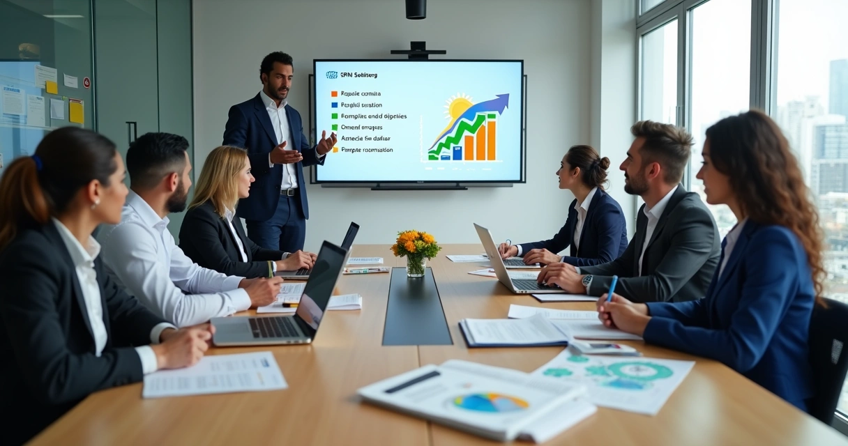 Equipe de vendas em treinamento em sala moderna com apresentação em tela 
