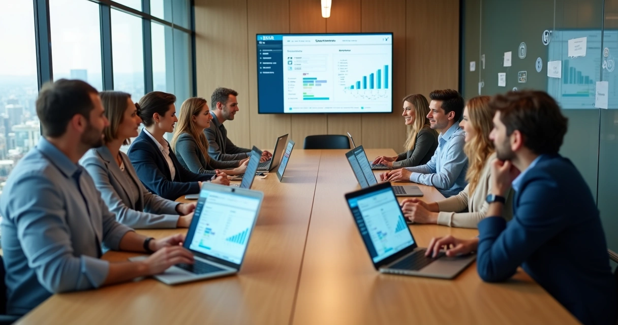 Equipe corporativa participando de treinamento online de compliance 