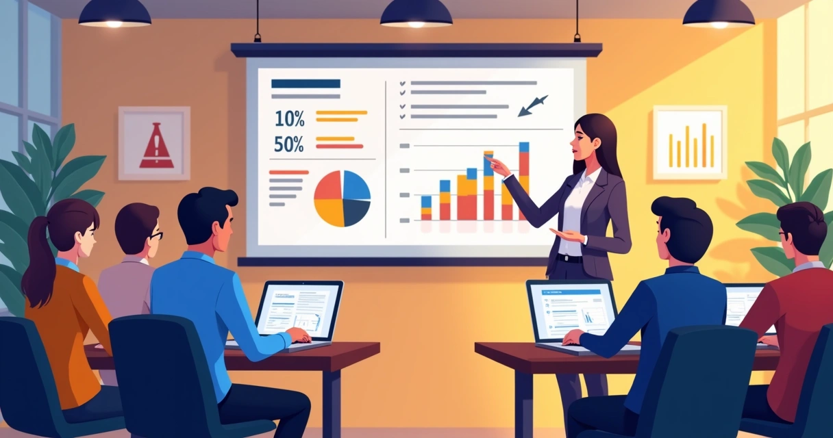 Sala de aula com alunos em computadores, tela projetando MS Project com gráficos de compliance e IA 