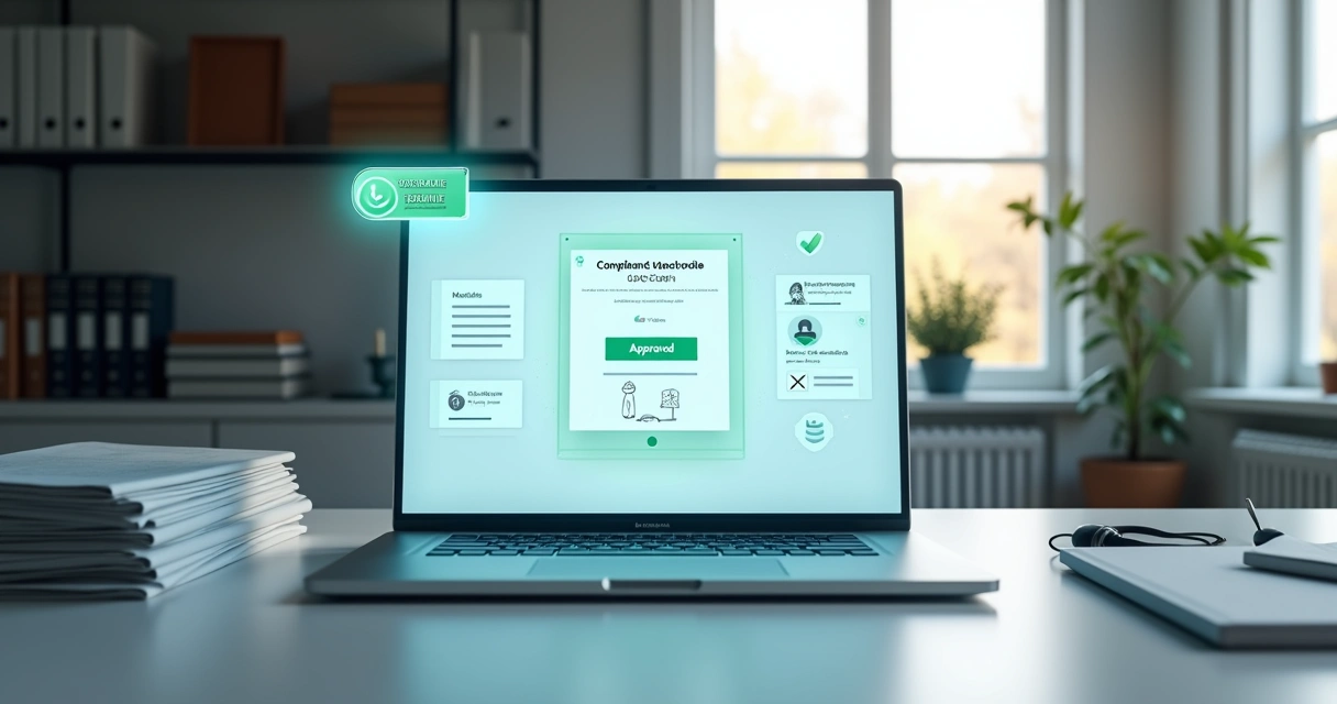 Certificado digital de compliance flutuando sobre laptop com símbolo de justiça 