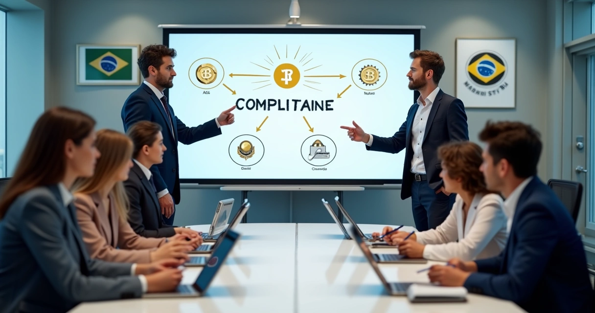 Equipe reunida em treinamento sobre compliance e criptomoedas em uma sala moderna