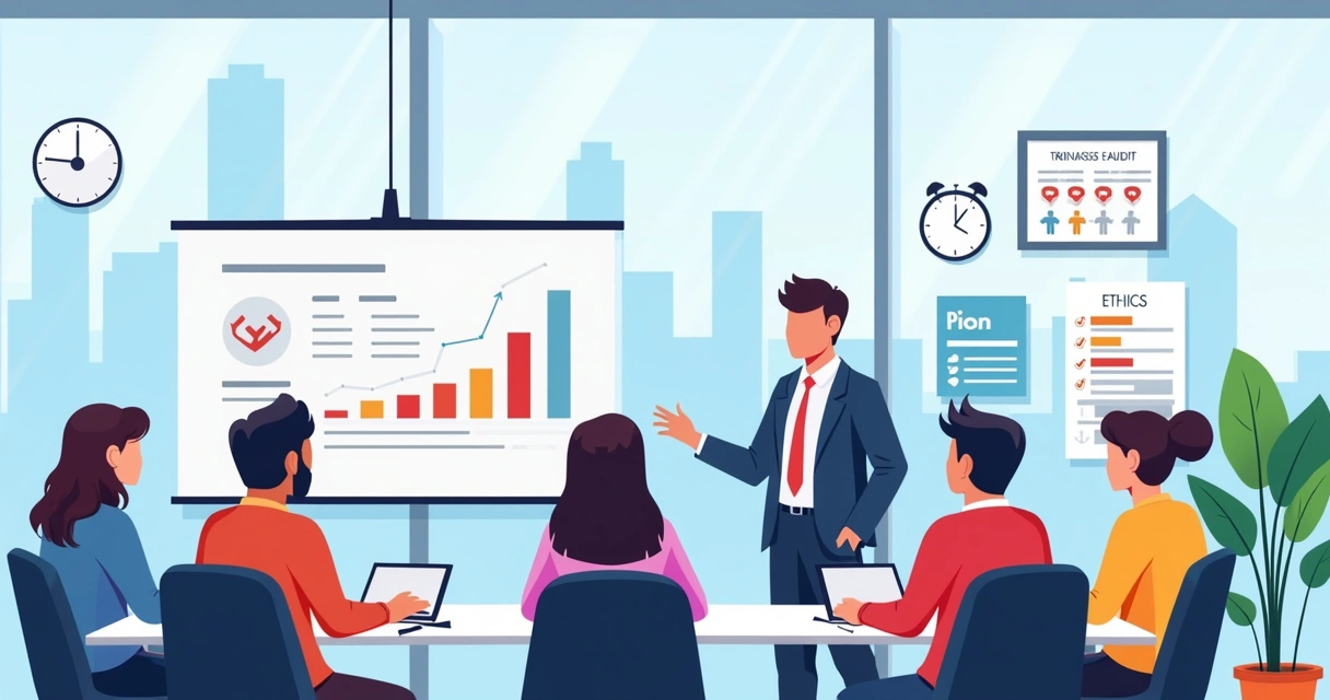 Treinamento de compliance em um escritório moderno com profissionais diversos em um ambiente iluminado.