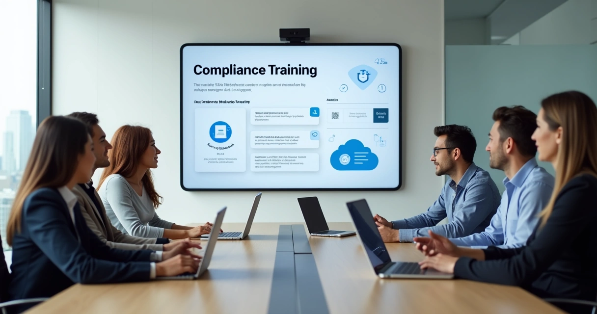 Equipe corporativa em treinamento de compliance usando plataforma EAD em tela grande 