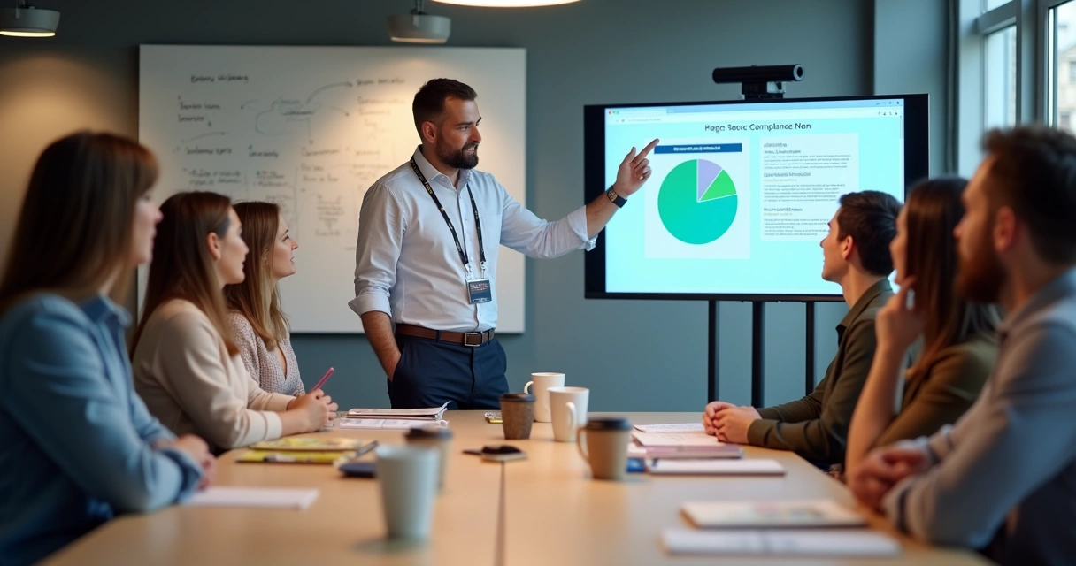 Colaboradores participando de treinamento de compliance em sala de convivência 
