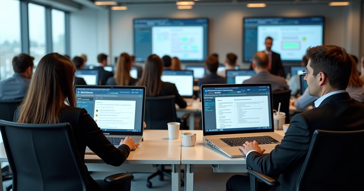 Colaboradores em treinamento digital em notebooks