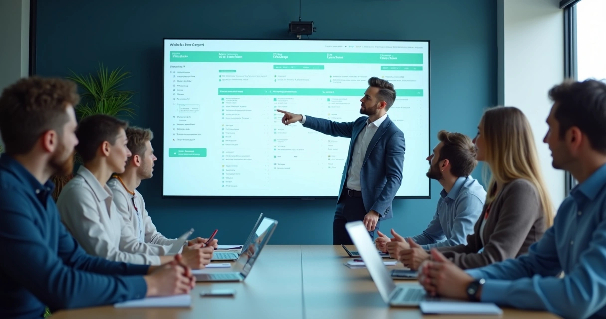 Treinamento de equipe com consultoria sobre WhatsApp em sala moderna 