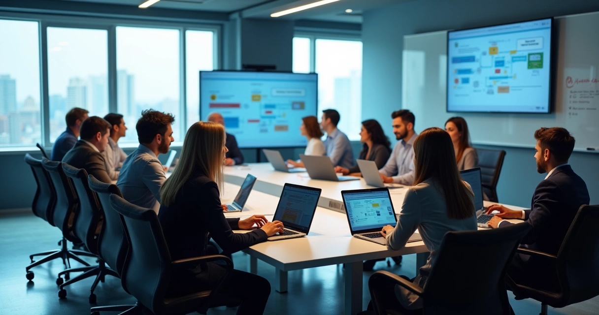 Equipe de contadores em sala de treinamento digital 