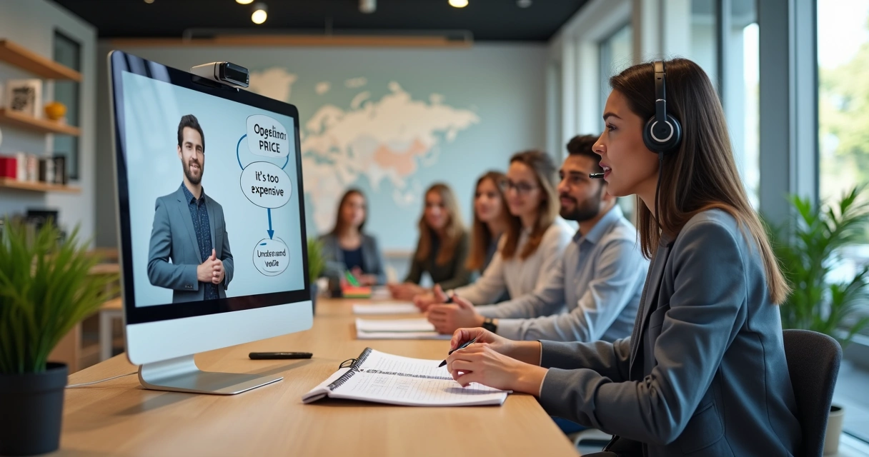 Agente de viagens treinando respostas para contornar objeções de preço em simulação de vendas 