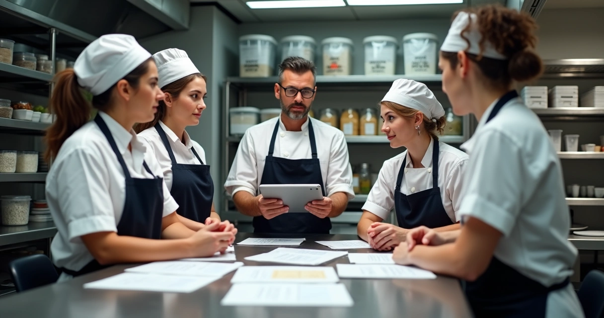 Funcionários de restaurante em treinamento sobre controle de estoque em cozinha comercial organizada 