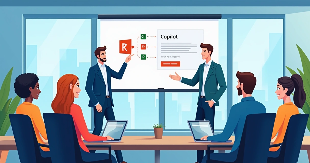 Treinamento em grupo em empresa sobre Copilot com notebook e tela projetada 
