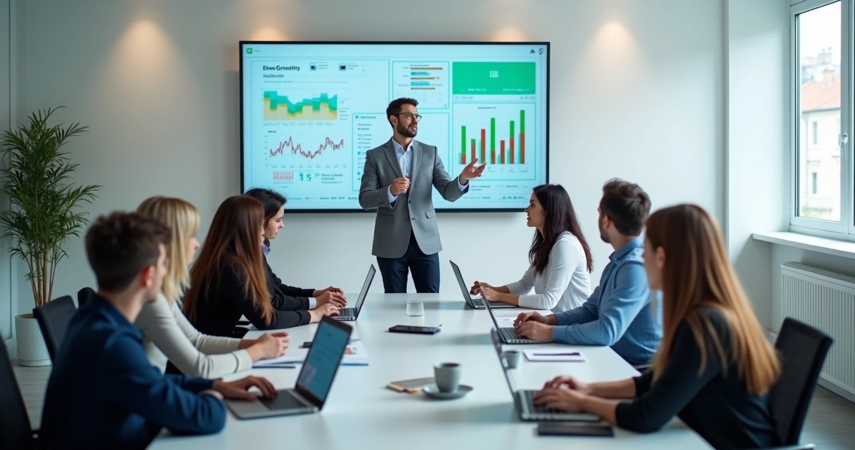 Equipe participando de treinamento de análise de dados em sala moderna 