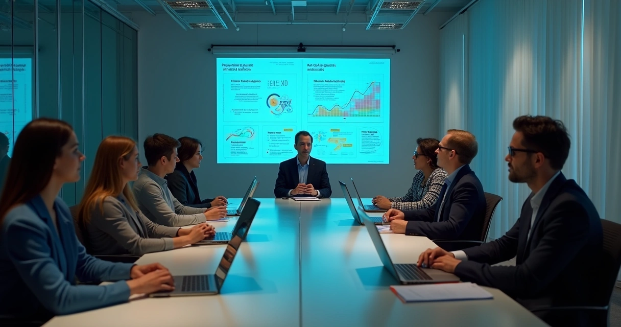Equipe de colaboradores assistindo treinamento virtual com gráficos projetados na parede 
