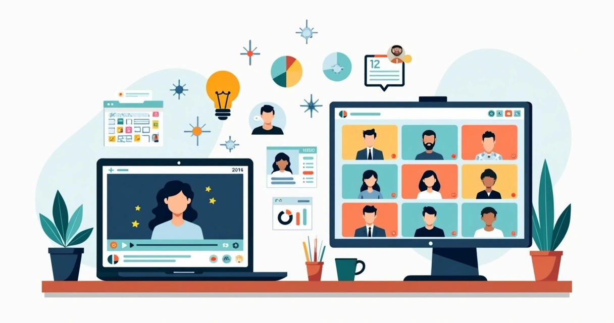 Comparação visual de treinamento corporativo ao vivo e gravado em estilo ilustrado 