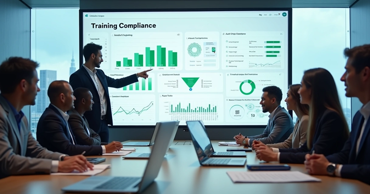 Equipe corporativa analisando painel de treinamento com gráficos e checklists 