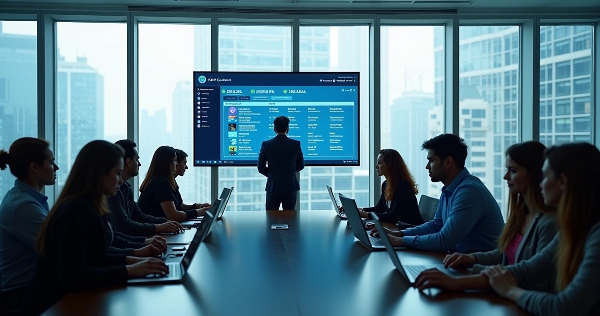 Equipe de funcionários utilizando notebooks para treinamento online numa sala de reunião moderna