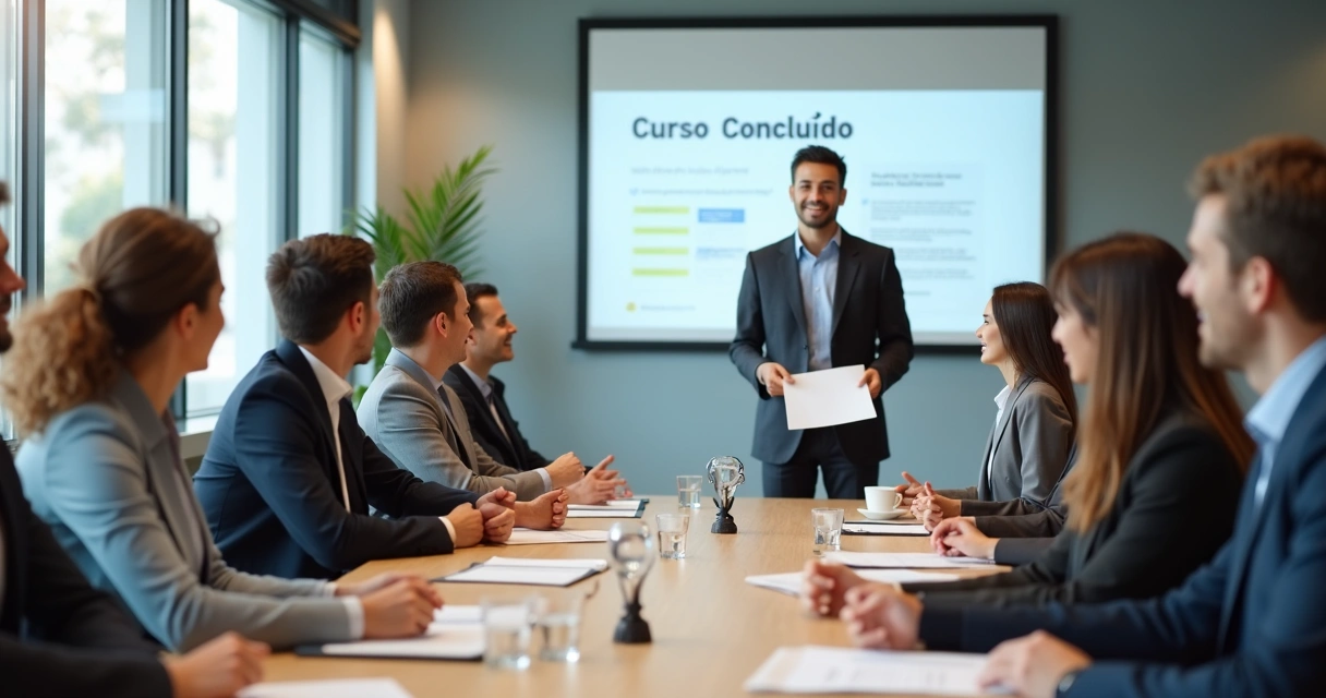 Sala de treinamento corporativo com pessoas recebendo certificados 