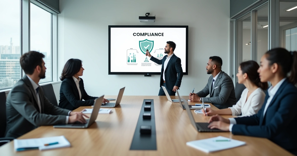 Equipe em sala de reunião assistindo a treinamento corporativo com ícone de compliance em destaque 