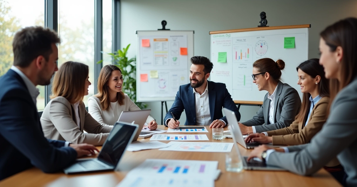 Grupo em sala de reunião planejando treinamentos para várias empresas 